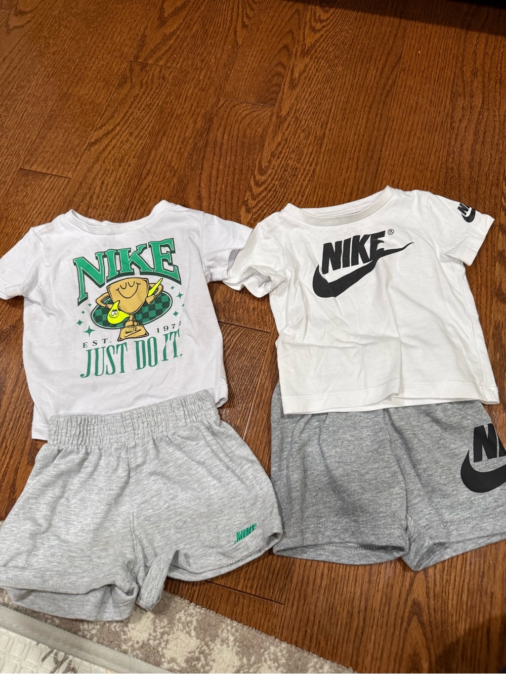 Nike Kids Graphic Tee & Shorts Set — White, Gray & Green Accents